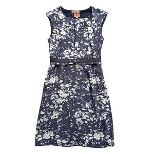 Tory Burch Silk Sheath Dress Womens 2 Navy Floral Belted Sleeveless